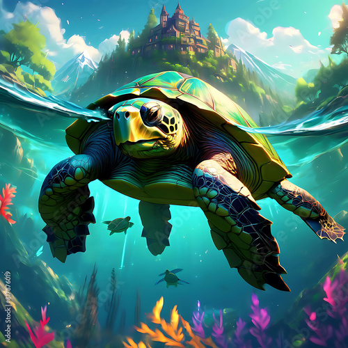 Giant turtle swimming through the sea, carrying forests and mountains on its back, a vivid and dramatic digital painting capturing a breathtaking Artstation contest winner photo