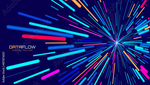 Abstract Colorful Data Flowing Lines. Speed Lines Lights Graphics. Futuristic Linear Backdrop Design. Technology, Big Data, Science Theme Template.