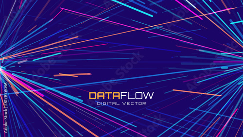 Abstract Colorful Data Flowing Lines. Speed Lines Lights Graphics. Futuristic Linear Backdrop Design. Technology, Big Data, Science Theme Template.