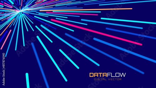Abstract Colorful Data Flowing Lines. Speed Lines Lights Graphics. Futuristic Linear Backdrop Design. Technology, Big Data, Science Theme Template.