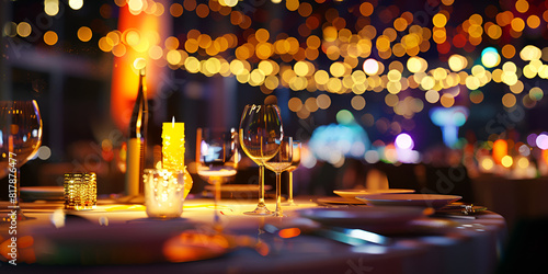 Luxury Table Settings Fine Dining Glassware night view with bokeh lighting background photo