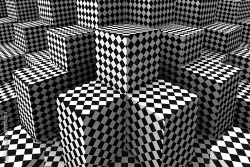 Cubes recouvert d'un papier àa carreaux noir et blanc et empilés sans fin photo