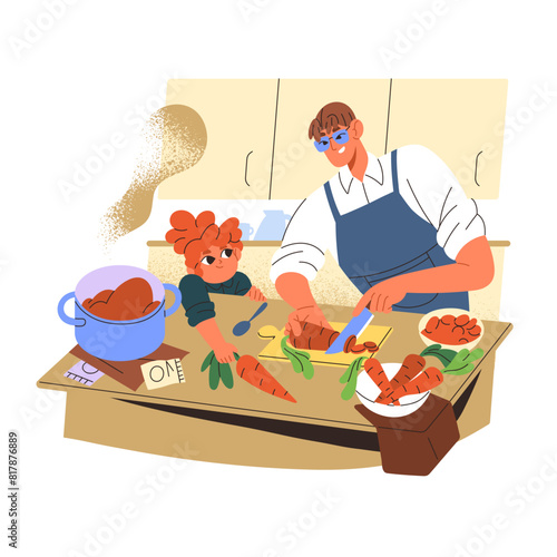 Dad teaches kid to cook, cut vegetables. Little girl helps daddy to prepare food. Father and daughter cooking, spend time together at kitchen. Flat isolated vector illustration on white background