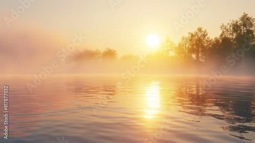 Tranquil lake at sunrise  with mist rising over the water and the sun emerging on the horizon  creating a peaceful  serene atmosphere.