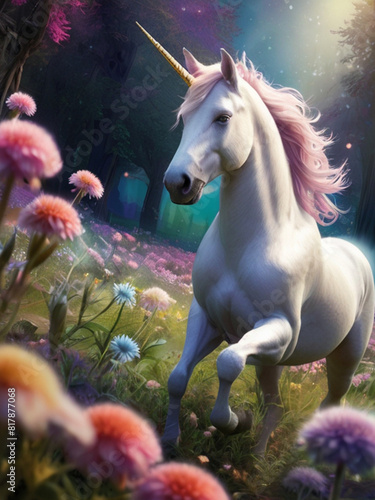 In a whimsically enchanting magical landscape a dazzling dreamlike rainbow unicorn gallops in a meadow of pastel-hued flowers