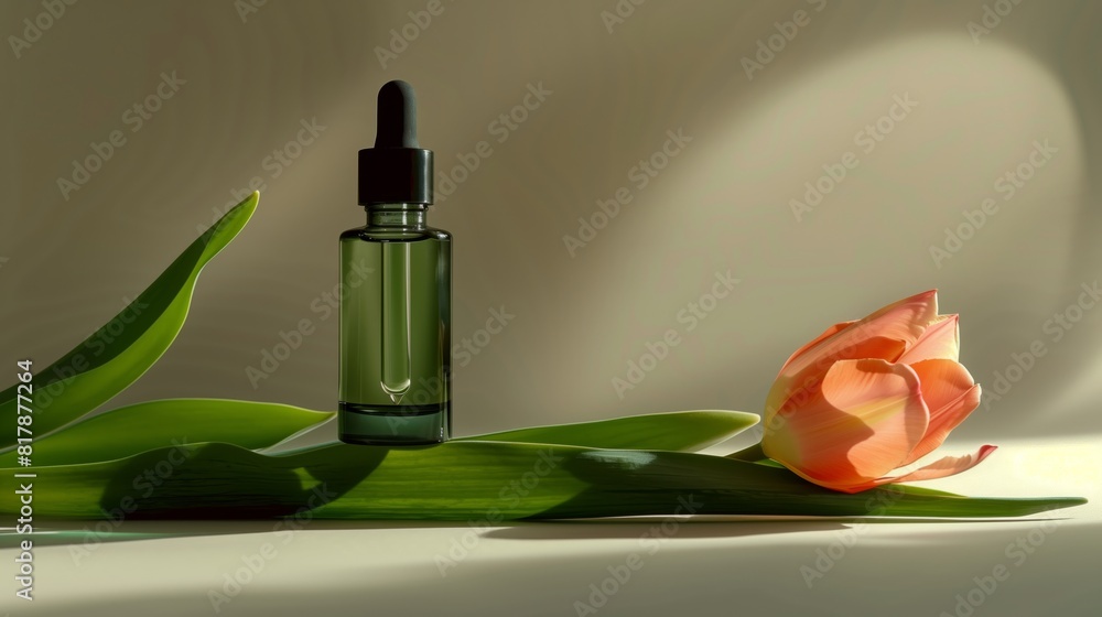 A bottle of green oil is placed on the long leaves, with an orange tulip next to it. A bottle of green oil is placed on the long leaves, with an orange tulip next to it.