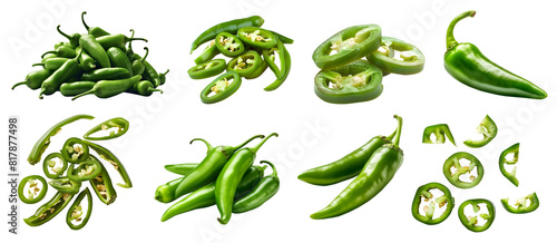 Green chili chilli chilies pepper fruit vegetable, many angles view side top front group slice cut on transparent background cutout, PNG file. Mockup template for artwork graphic design