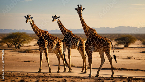 herd of giraffes on a dry background