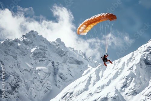 Skydiver with an orange parachute flying over snow-covered mountains under a clear blue sky.