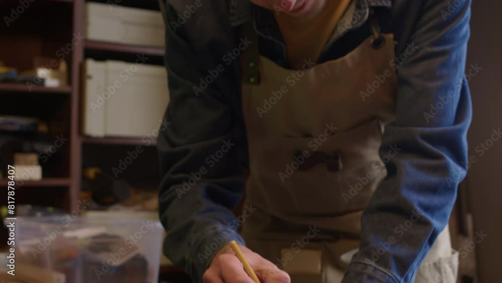 Tilt down medium shot of young Caucasian man wearing denim shirt and apron doing woodwork measurements in workshop Tilt down medium shot of young Caucasian man wearing denim shirt and apron doing woodwork measurements in workshop