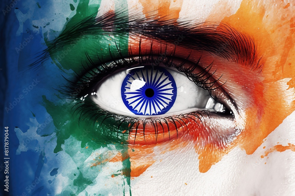 Close-up of an eye with the Indian flag colors painted around it ...