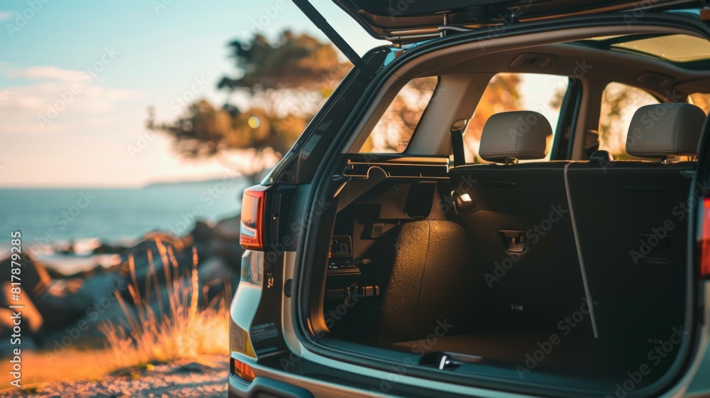 Open off-road car trunk with luggage inside on a mountain at sunset. holidays and weekends. Active turism. Open off-road car trunk with luggage inside on a mountain at sunset. holidays and weekends. Active turism.