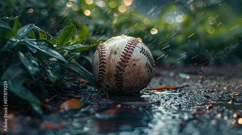 Close-up of a baseball resting on damp ground after the rain
