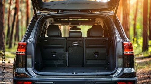 Open off-road car trunk with luggage inside on a mountain at sunset. holidays and weekends. Active turism.