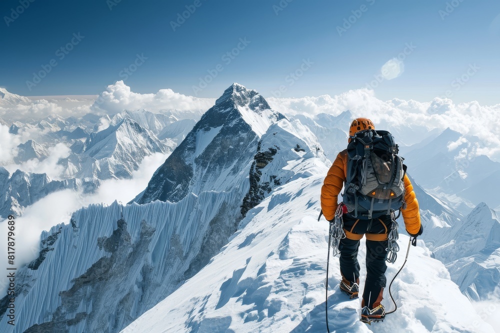 A hiker reaching the top of Mount , Mountaineer reaching the mountain top, Ai generated