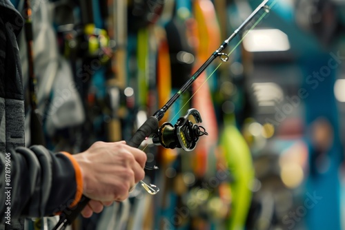 Close-up of a person holding a fishing rod in a sporting goods store with various fishing gear in the background.