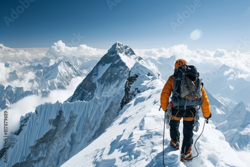 A hiker reaching the top of Mount , Mountaineer reaching the mountain top, Ai generated