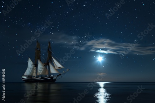 A sailing ship navigates calm ocean waters under a starry night sky, illuminated by a bright full moon reflecting on the water surface.