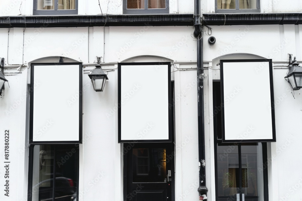 3 white signs on the wall of a beautiful apartment building,
3 white signs on the wall of a beautiful apartment building,