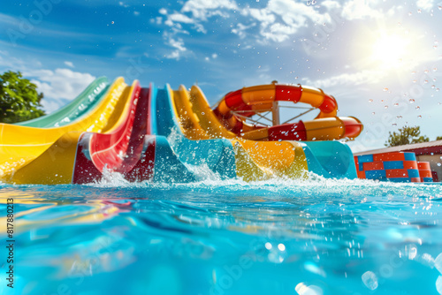 Fototapeta Naklejka Na Ścianę i Meble -  A fun-filled water park scene with colorful slides, and bright sunshine overhead