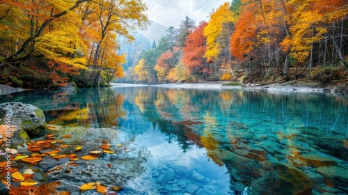 Vibrant Autumn Landscape with Bright Foliage and Crystal Clear River Reflecting Hues photo