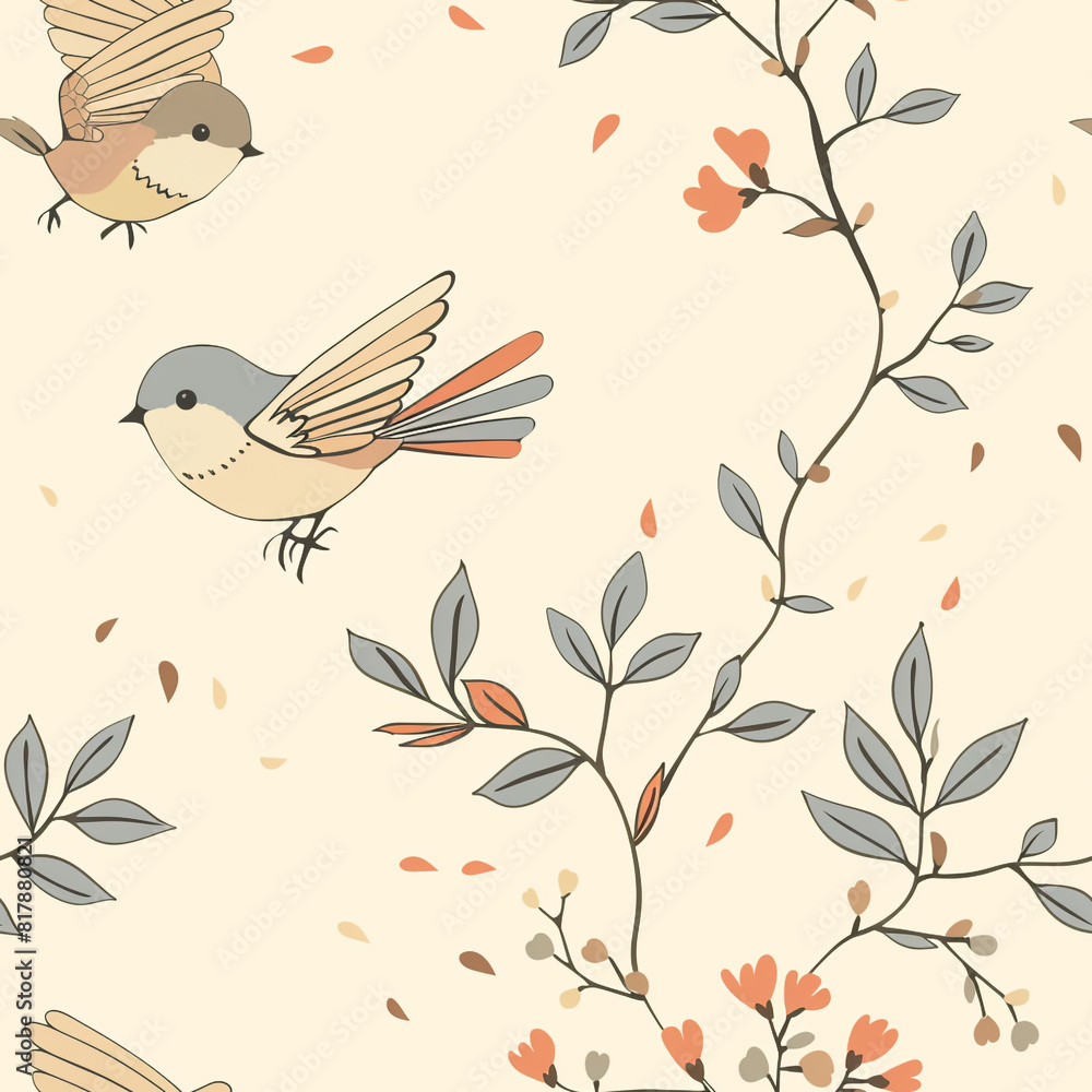pattern of A soft and elegant illustration featuring delicate birds perched and in flight amidst gentle branches with subtle floral elements