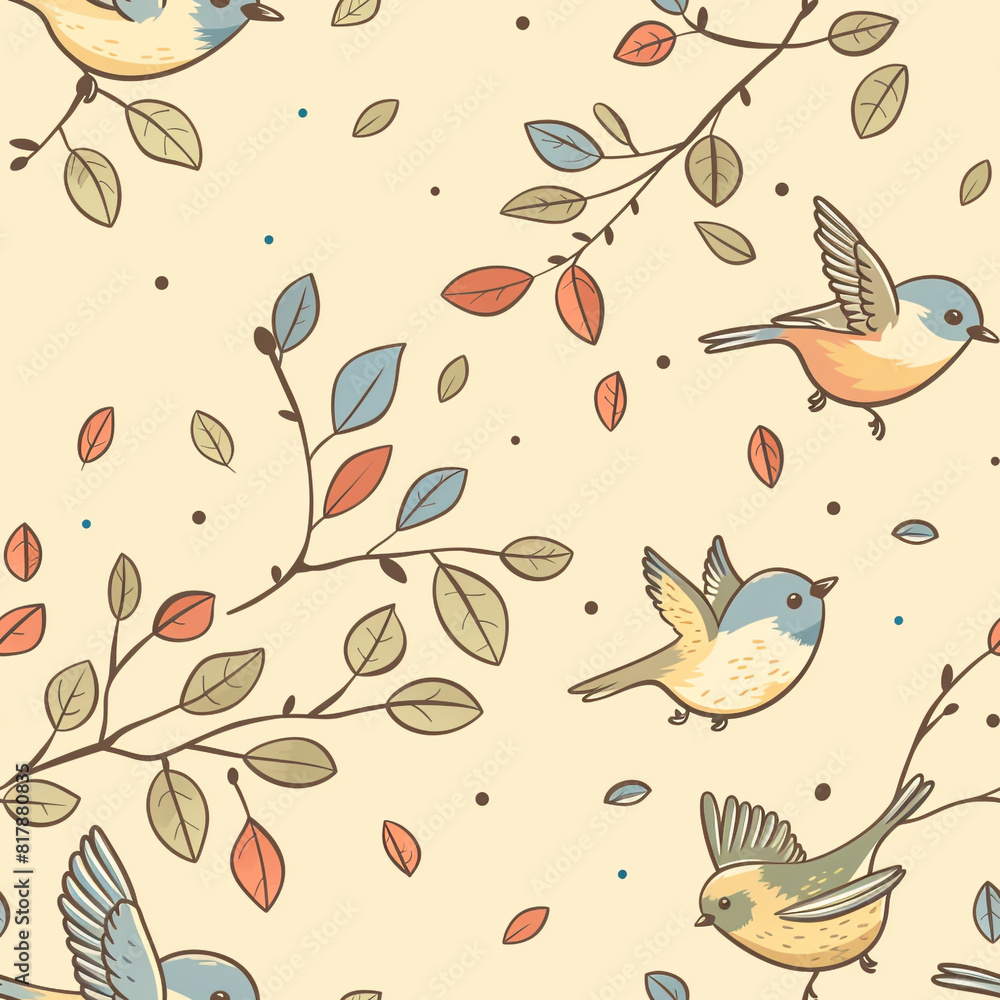 pattern of A delightful pattern featuring charming birds and colorful leaves against a light background pattern of A delightful pattern featuring charming birds and colorful leaves against a light background