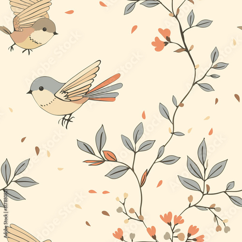 pattern of A soft and elegant illustration featuring delicate birds perched and in flight amidst gentle branches with subtle floral elements