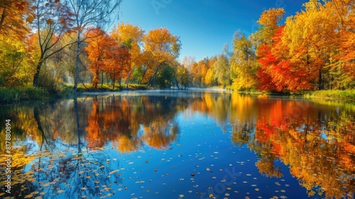 Vibrant and Serene Autumnal Landscape with Reflected Foliage in a Tranquil Lake