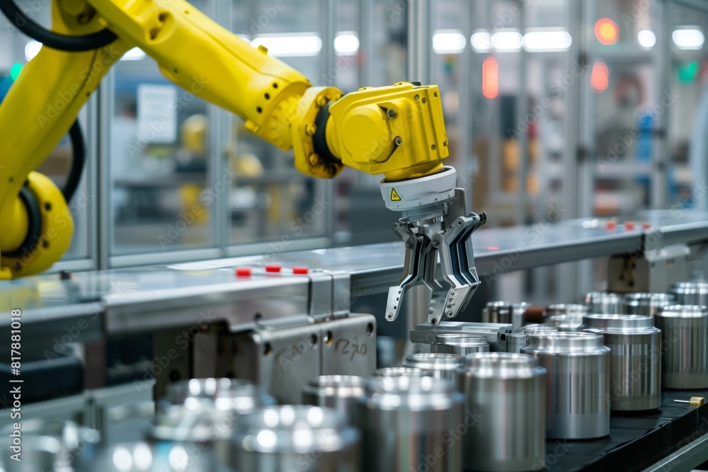 Yellow robotic arm in a modern factory assembly line, precisely handling metal components showcasing advanced automation and industrial technology.