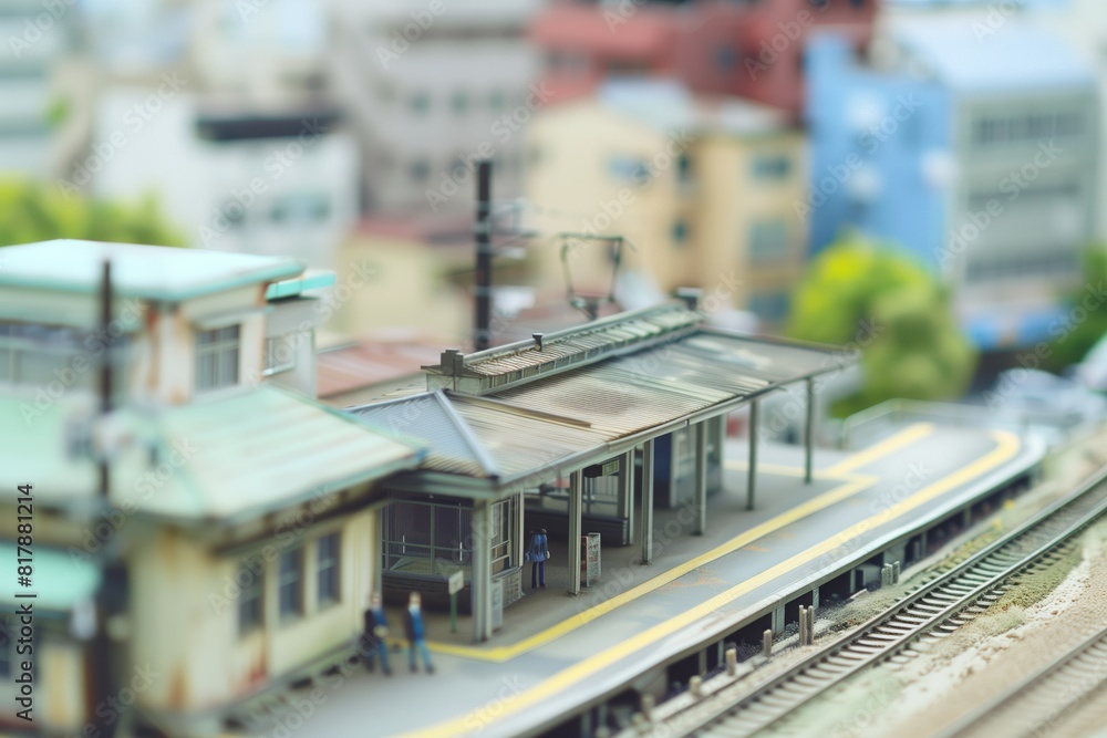 Miniature train station model with detailed buildings and platform, surrounded by a blurred backdrop of cityscape structures.