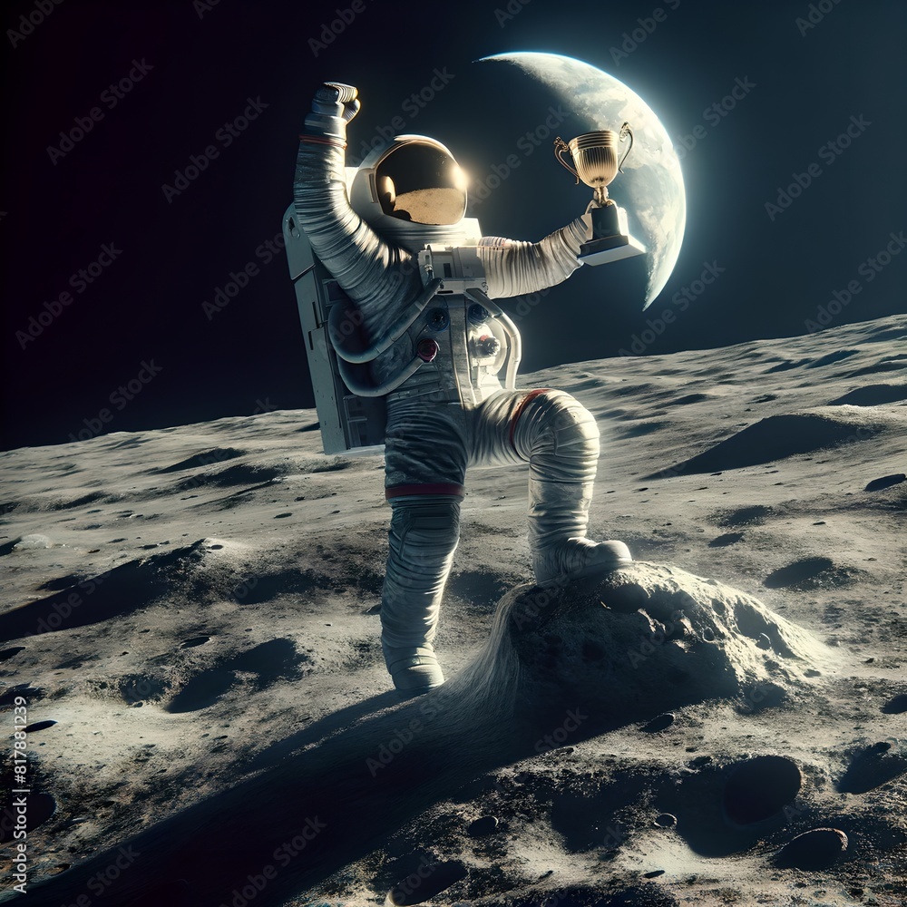 Astronaut Celebrating with Trophy on the Moon Astronaut Celebrating with Trophy on the Moon