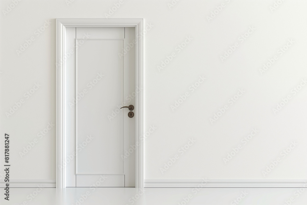 A white door with a silver handle sits in front of a white wall A white door with a silver handle sits in front of a white wall