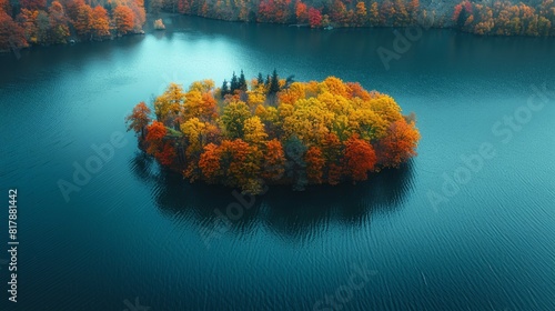 lake adorned with a small island, surrounded by a symphony of vibrant colors.  photo