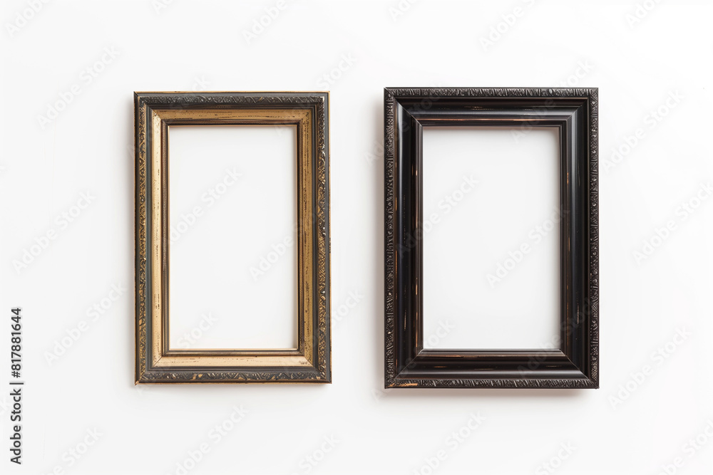 Two framed pictures side by side, one is black and the other is gold Two framed pictures side by side, one is black and the other is gold