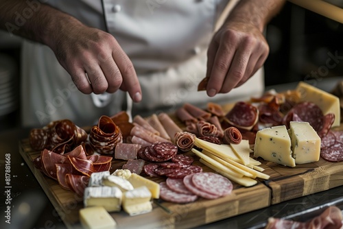 Chef arranging an assorted charcuterie board with various meats and cheeses, showcasing a colorful and appetizing display.