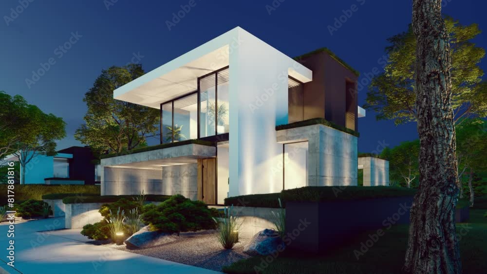 4K video rendering of flat roof house with parking and pool for sale or rent with concrete facade and beautiful landscaping on background. Starlight Night 4K video rendering of flat roof house with parking and pool for sale or rent with concrete facade and beautiful landscaping on background. Starlight Night