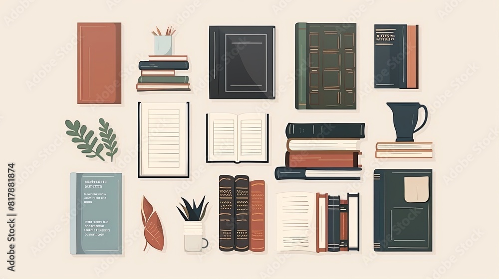 Book collection flat design top view literary animation monochromatic color scheme Book collection flat design top view literary animation monochromatic color scheme