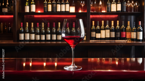 a glass of wine sits on a bar with a bottle of wine in the background.