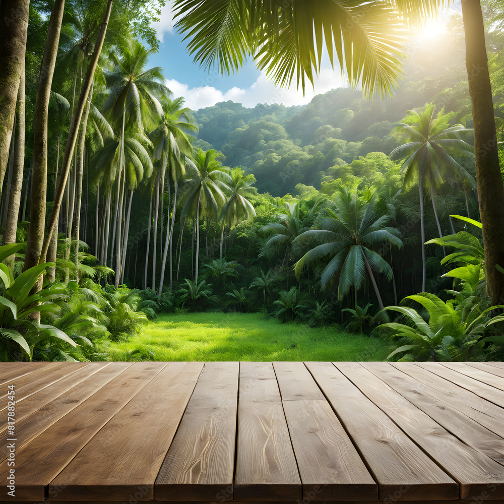 a wooden table with a wooden table and some palm trees a wooden table with a wooden table and some palm trees