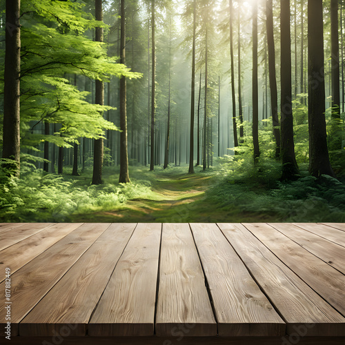 a wooden table in the woods with a wooden table and a wooden table with a bench on it.