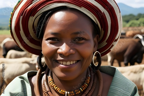  a pretty, smiling swazi woman, black, african,  middle aged,  wearing traditional beads, in a kraal,  heritage, joyful, colorful, community, ethnic, vibrant, attire, cheerful, expression, identity