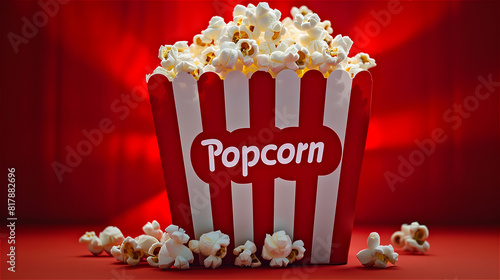 Red and white striped popcorn box with the word Popcorn written on it