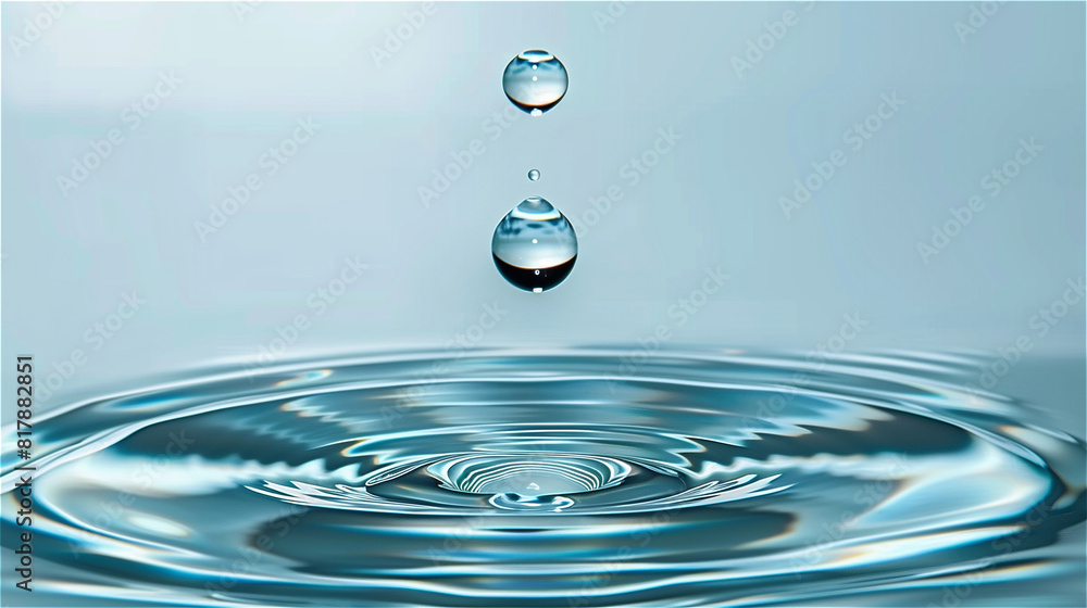Water drop falling in water with ripples and a splash on a light blue background Water drop falling in water with ripples and a splash on a light blue background