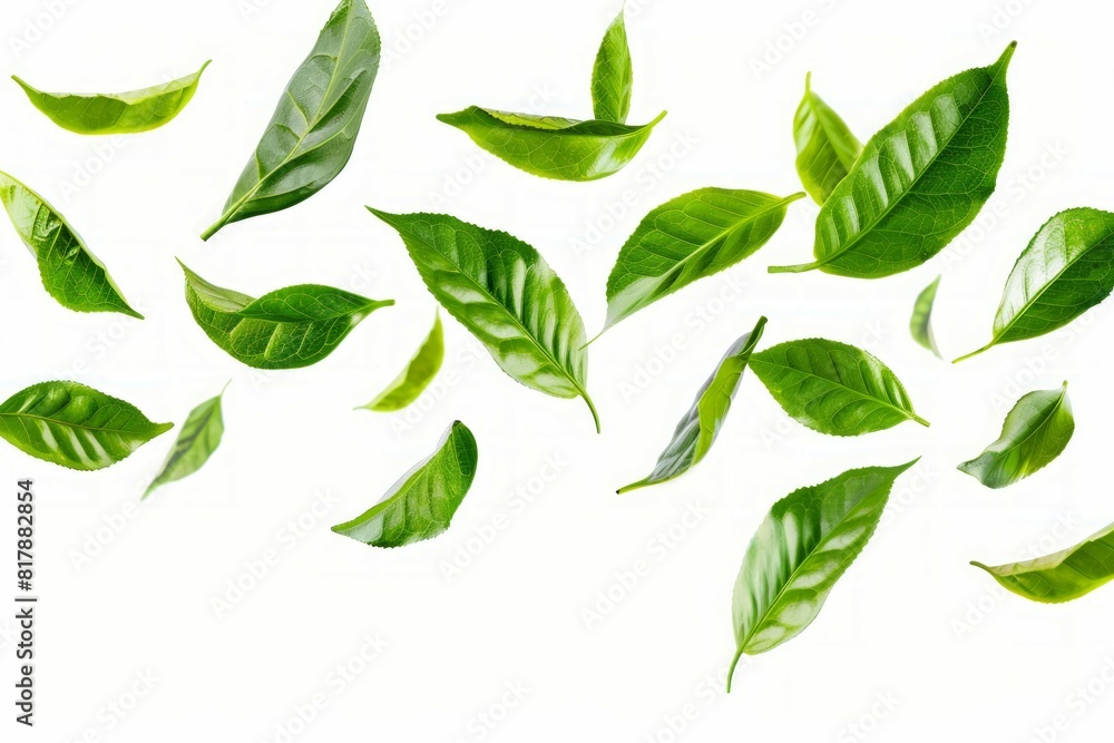 Green tea leaves flying in circles on white background Green tea leaves flying in circles on white background