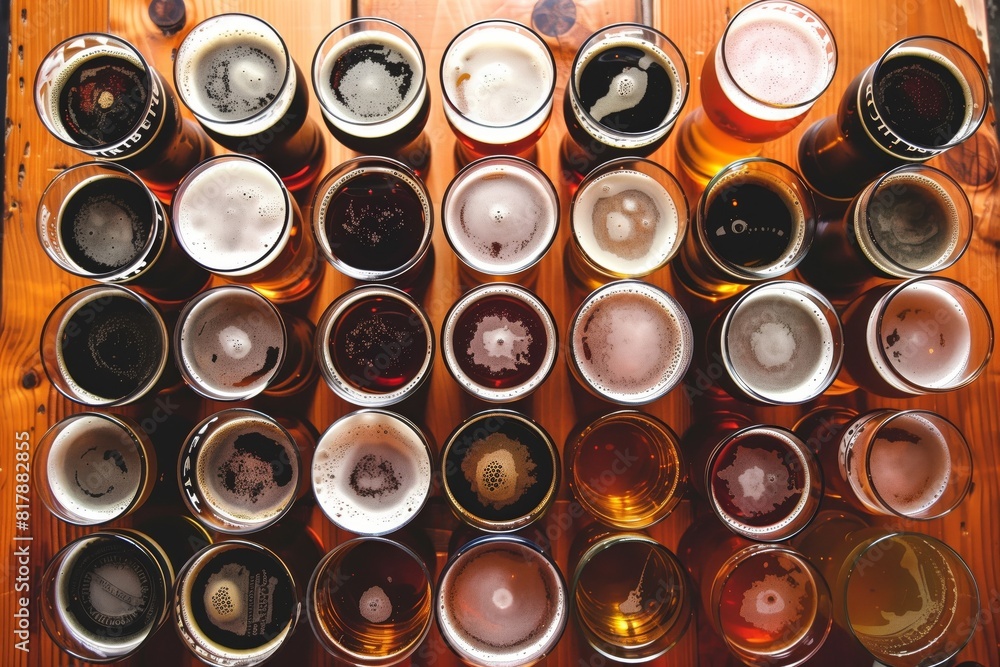 Top-down view of various beers in glasses on a wooden table, showcasing different colors and foam textures, representing a variety of beer types. Top-down view of various beers in glasses on a wooden table, showcasing different colors and foam textures, representing a variety of beer types.