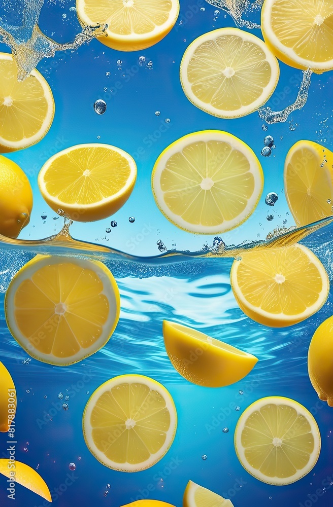 Close up of a lemon slice floating in water. on a blue background. Summer and cool freshness concept. A cold drink in hot weather. Close up of a lemon slice floating in water. on a blue background. Summer and cool freshness concept. A cold drink in hot weather.