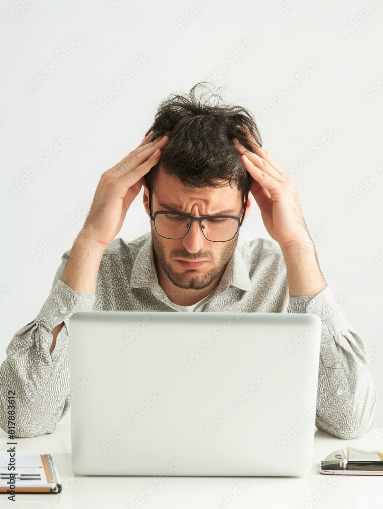 Close-up of a young man at a computer desk with a splitting headache and holding his head in his hands with an expression of pain Close-up of a young man at a computer desk with a splitting headache and holding his head in his hands with an expression of pain