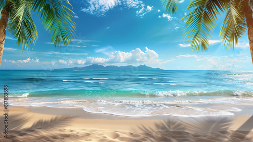 Fototapeta Naklejka Na Ścianę i Meble -  A beautiful beach scene with palm trees and a blue ocean