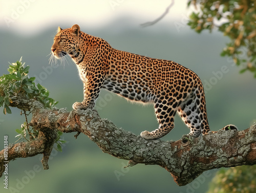 Leopard (Panthera pardus) in natural environment on a tree in Africa, AI generated photo